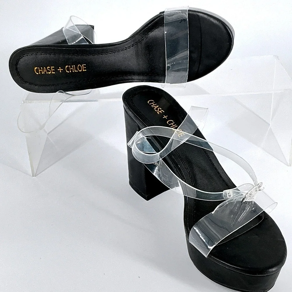 CHASE AND CHLOE Size 8.5 Black Clear Strap Platform Chunky‎ Heel Hela Sandals